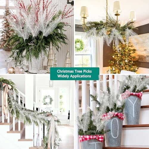 Oairse 8 Pcs Christmas Tree Picks and Sprays White Glitter Christmas Picks 28" Christmas Glitter Feathers Leaves Stems for Christmas Tree Filler Branches Wreaths Centerpieces Holiday Decorations - Image 6