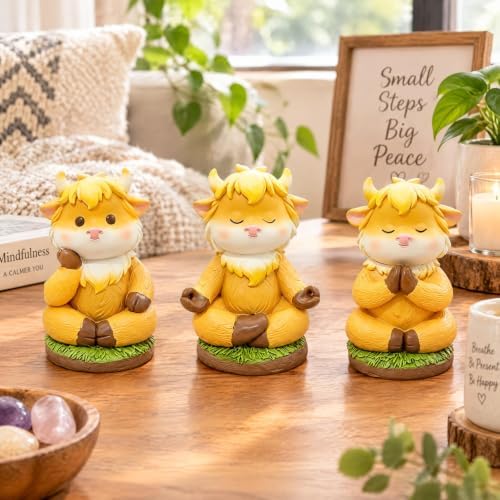 3 Pcs Highland Cow Figurines Resin Statues Cattle Decorations - Meditating Praying Thinking, Rustic Farmhouse Tabletop Centerpiece for Christmas Thanksgiving Birthday Gift Home Office Table Decor - Image 3