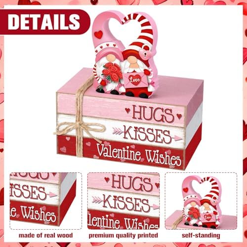 Geelin 4 Pcs Valentine Day Gnome Table Decoration Wooden Book Stack Signs - Image 4
