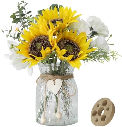 Artificial Sunflower Bouquets in Vase with a Flower Arrangement Holder - Centerpieces for Dining Room & Coffee Table Decor by LEFTOVER