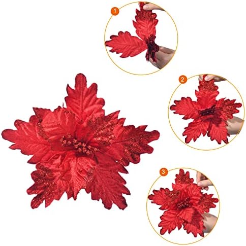 10 PCS Glitter Poinsettias, 9.4" Artificial Christmas Flowers, Red - Image 6