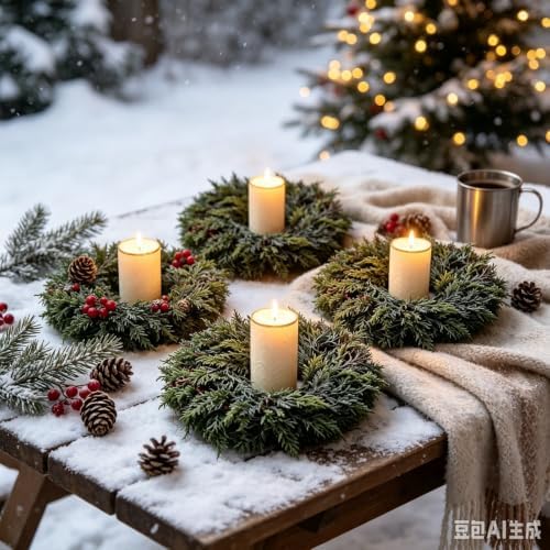 4 Pcs Small Christmas Hanging Wreaths with Artificial Cedar Pine Greenery Dark Green Velvet Ribbon Mini Cabinet Wreath for Porch Front Door Window Wall Farmhouse Rustic Christmas Winter Holiday Decor - Image 6