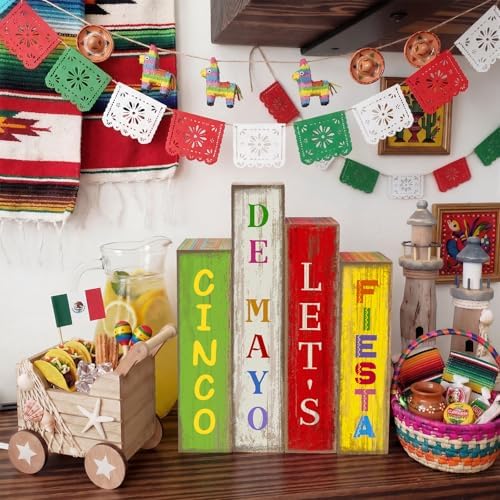 Lineshading 4 Pcs Cinco De Mayotable Decor Wooden Books Stack Mexican Sign - Image 4