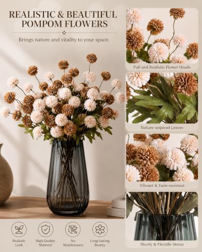 Brown Neutral Fall Decor with Vase, Artificial Chrysanthemums for Indoors - Image 3