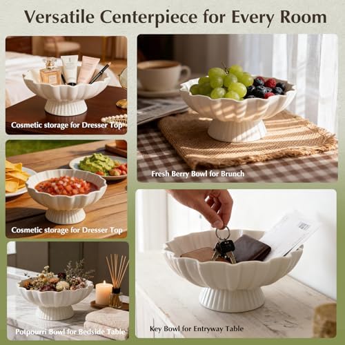 White Pedestal Fruit Bowl for Kitchen Counter, 9-Inch Ceramic Centerpiece Bowl with Fluted Texture, Modern Farmhouse Coffee Table Decor for Dining Table,Entryway Key Bowl, HouseWarming Gift - Image 6