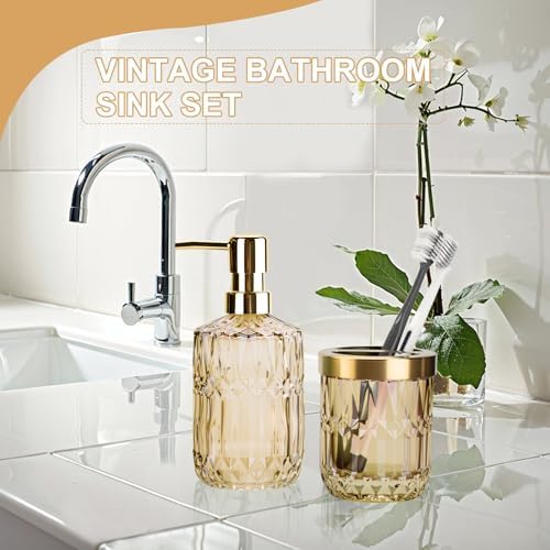 RRM Glass Bathroom Toothbrush Holder and Soap Dispenser Set, Brown - Image 2