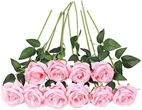 JUSTOYOU 10 PCS Artificial Roses Flowers for Valentine's Day, Realistic Blossom Roses, Real Touch Silk Rose, Single Fake Flower Long Stem Bouquets for Home Wedding Party Decoration (10Pcs, Pink) - Image 6