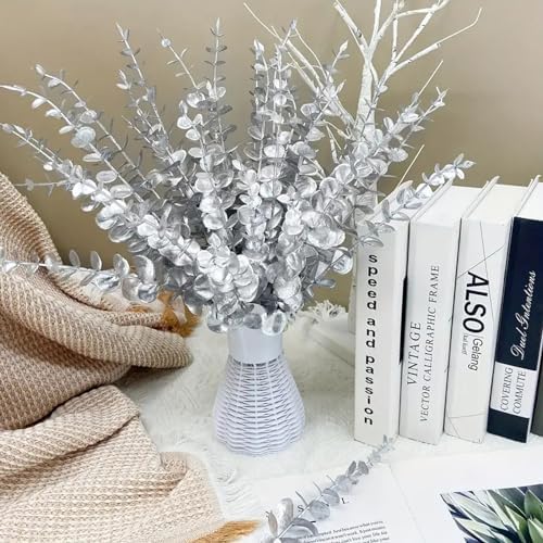ABAJI 24 PCS Eucalyptus Stems Plastic Vivid Leaf Decorations Artificial Leaves Fake Faux Greenery Plant for Home Office House Table Desk Decor Wedding or Party Vase Forever Live - Image 3