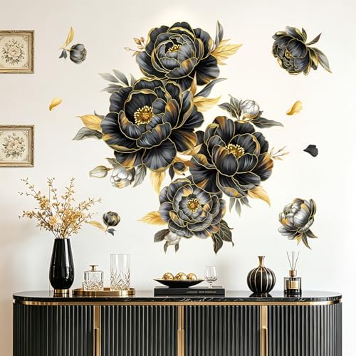 decalmile Black Gold Flower Peony Floral Leaves TV Wall Decals Stickers - Image 2