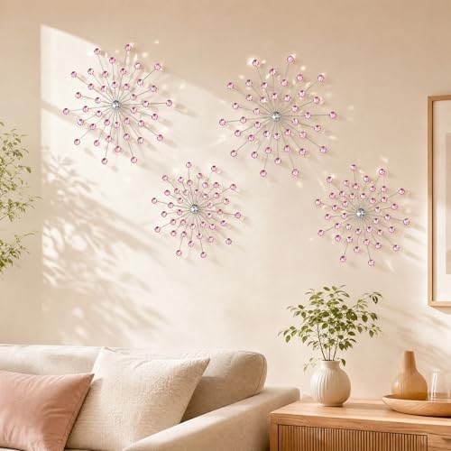 ZEXUIRU 4 Set Silver Starburst Wall Art for Home Decor Metal Bling Crystal Rhinestones Sunburst Wall Decor Sparkling Rhinestone Art Accent Silver - 13 in - Image 2