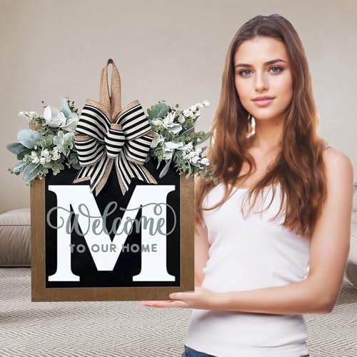 Ultra Large 14'' Last Name All Year Round Front Door Wreath with 26 Initial Letter Welcome Sign All Seasons Eucalyptus Garland and Bow Wreaths for Front Door Porch Farmhouse Decoration (M) by Unknown