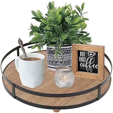Defined Deco 12in Decorative Tray-Round Serving Tray with Metal Handle-Decorative Trays for Home Decor,Living Room Decor,Coffee Table Decor,Rustic Wooden Tray for Kitchen Table Decor,Dining Table. by DDDEFINEDDECO