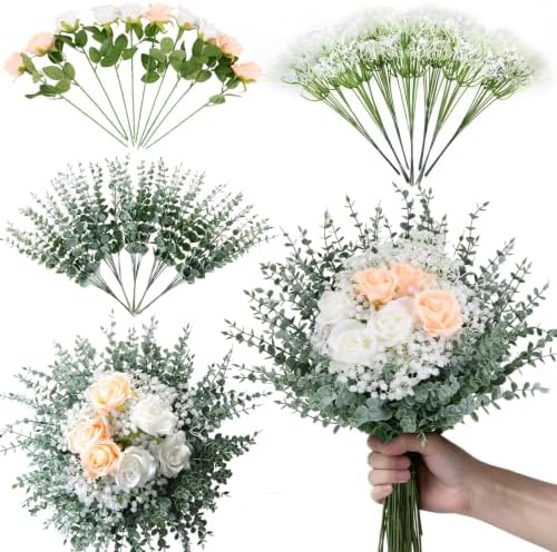 156 PCS Mixed Eucalyptus Stems with Babys Breath Greenery & Silk Roses by %E3%80%90Qutciiv%E3%80%91