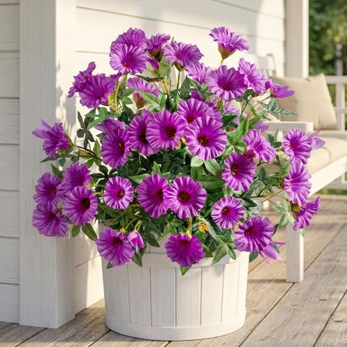 Purple Artificial Morning Glory Flowers for Outdoor Planters, Premium UV Resistant Silk Faux Flowers for Porch, Hanging Basket & Window Box, Cottage Garden Decor, No Pot, 13.3 Inch, 4 Bundles by UqueetenLtd