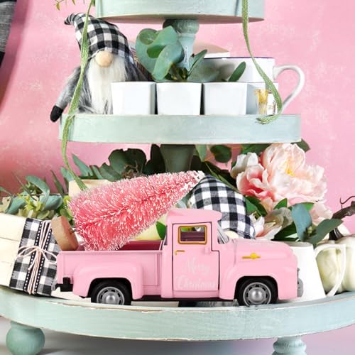 Christmas Metal Truck Decor with Pink Christmas Tree Mini Metal Farm Truck Farmhouse Tiered Tray Decor for Home Kitchen Tabletop Ornament Home Kitchen Table Decorations - Image 2