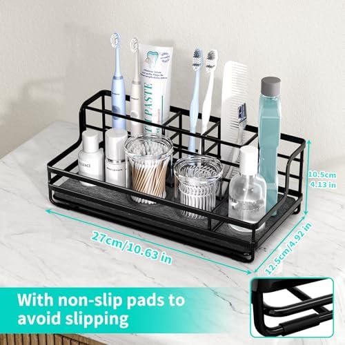 HapiRm Toothbrush Holders for Bathroom - 5 Partitions Bathroom Counter Organizer with Instant Drying Stone, Stainless Steel Countertop Storage Electric Toothbrush Toothpaste Holder - Black - Image 4