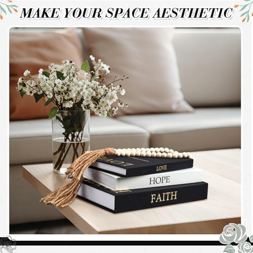 Faccito 3 Set Linen Decorative Books with Beaded Garland, Classic, Black - Image 4