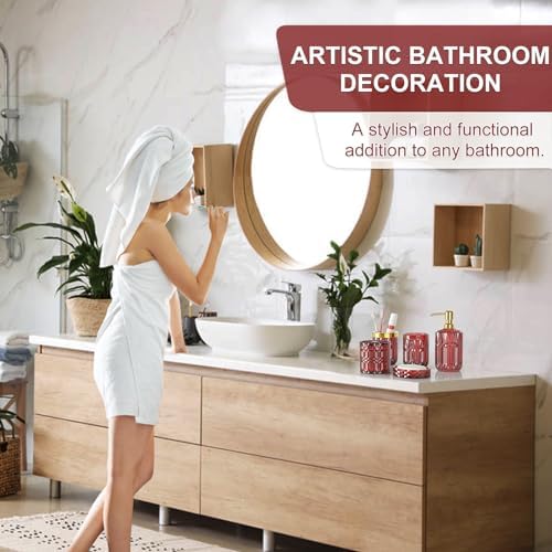 Red Bathroom Accessories Set, Glass Soap Dispenser Set with Rust Proof Stainless Steel Pump, Soap Holder, Toothbrush Holder, Tumbler, Cotton Swab Jars, Wine Red Bathroom Set Bathroom Decor Sets Gift - Image 4