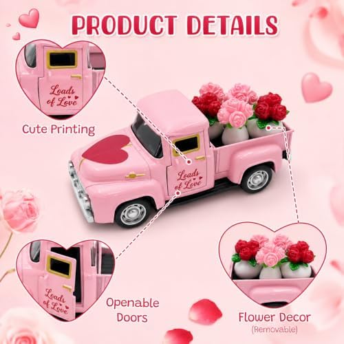 Valentine's Day Pink Truck Decor with 4 Mini Rose Flower Pots, Vintage Metal Pickup Tabletop Decoration, Romantic Farmhouse Centerpiece Gift for Women, Wife, Mom, Girlfriend, Anniversary Wedding - Image 4