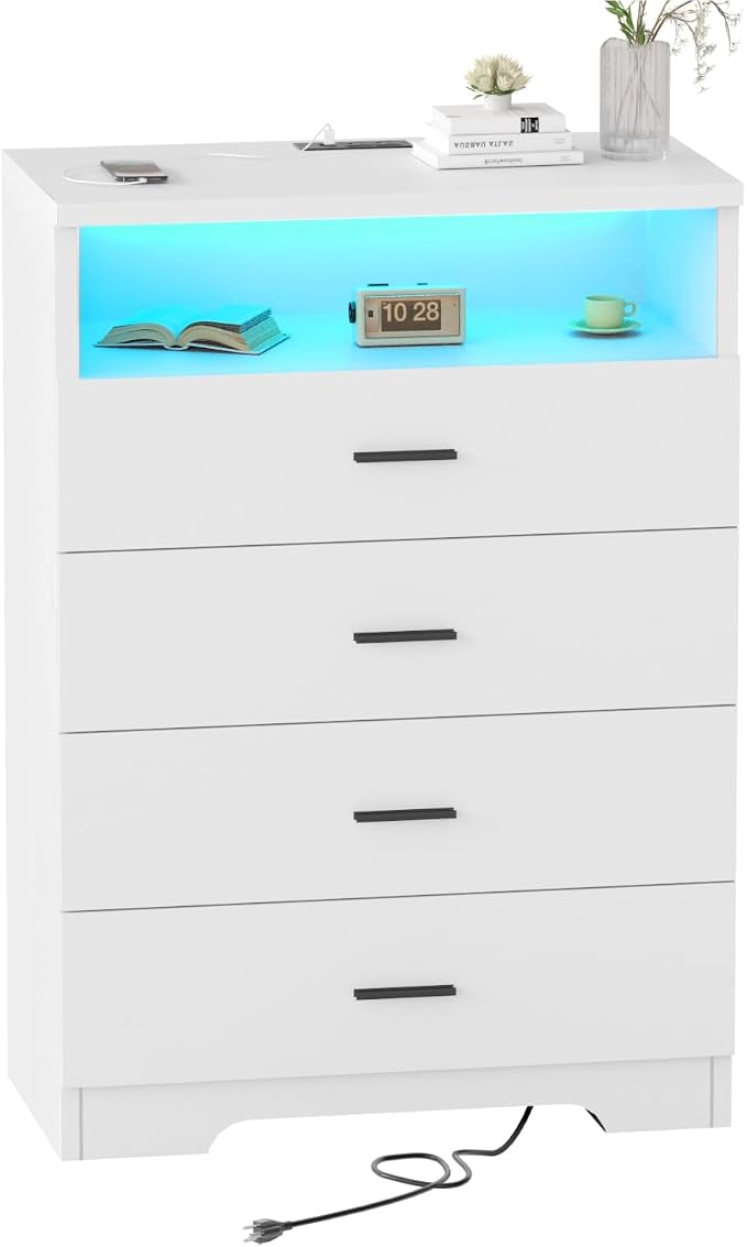 FJTJBSI Dresser with Power Outlets and LED Lights Wooden 4 Drawer Dresser with by FJTJBSI
