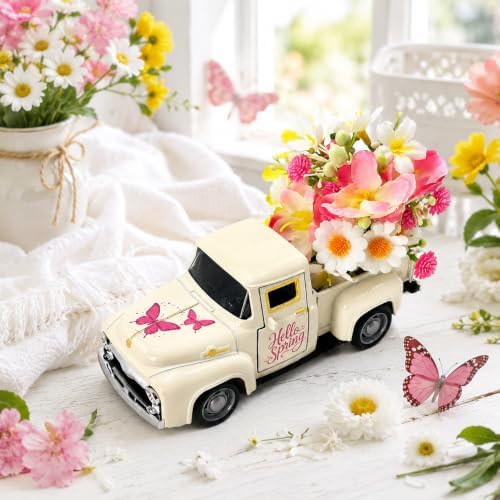 Vintage Metal Truck Decor with Artificial Flowers, Spring Floral Pickup Truck Decoration, Farmhouse Home Decor for Table Shelf Mantel Tiered Tray, Easter Mother's Day Spring Decorations Gift - Image 2