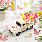Vintage Metal Truck Decor with Artificial Flowers, Spring Floral Pickup Truck Decoration, Farmhouse Home Decor for Table Shelf Mantel Tiered Tray, Easter Mother's Day Spring Decorations Gift - Image 2