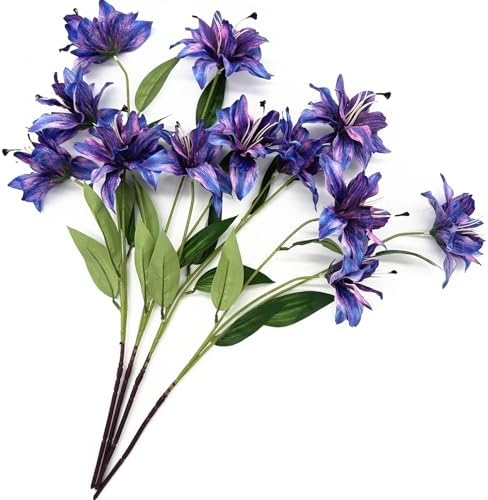 Artificial Lily Flowers, Fake Silk Flower Long Stem Artificial Stargazer Lilies with Full Bloom Faux Tiger Bouquets for Home Decor Wedding Party Hotel Floral Arrangement DIY Decoration – Purple 4 Pack - Image 4