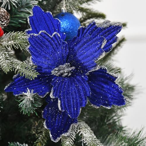 10 PCS Glitter Poinsettias, 8.7" Artificial Christmas Flowers, Royal Blue by FuleHouzz