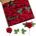 Artificial Flower Foam Rose 25pcs Real Looking Fake Rose with Stems Leaves for Home Decoration Party Garden Centerpieces DIY Wedding Bouquets（Dark Red） by Lansdowns