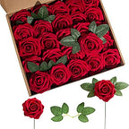 Artificial Flower Foam Rose 25pcs Real Looking Fake Rose with Stems Leaves for Home Decoration Party Garden Centerpieces DIY Wedding Bouquets（Dark Red） by Lansdowns