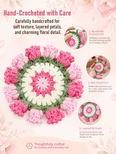 Crochet Flower Bouquet Coasters, Cotton Tulip Gift for Home Decor 4Pcs - Image 4