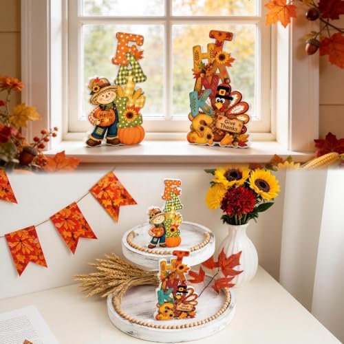 Fall Thanksgiving Table Decor 2 PCS Wooden Fall Scarecrow Turkey Decor - Image 7