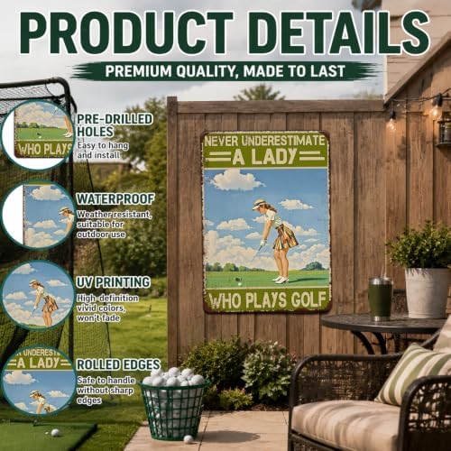 Vintage Golf Metal Sign for Women Never Underestimate A Lady Who Plays Golf Wall Art Poster for Home Clubhouse Man Cave Garage Bar Restaurant Cafe Decor 12x16 Inch - Image 3