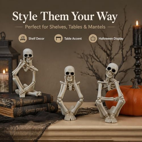 Skeleton Thinker Decor Set of 3, Resin Gothic Figurines for Home Decor, Aesthetic Skull Shelf Decor, Halloween Decorations for Home, Bookshelf & Office Accents - Image 5