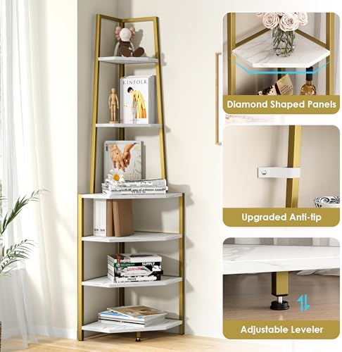 VECELO 6 Tier Corner Shelf 69 Inch Industrial Bookshelf with Metal Frame, Multipurpose Tall Plant Stand with Opening Display Shelves for Living Room, Bedroom, Home Office, Small Space, Gold - Image 6