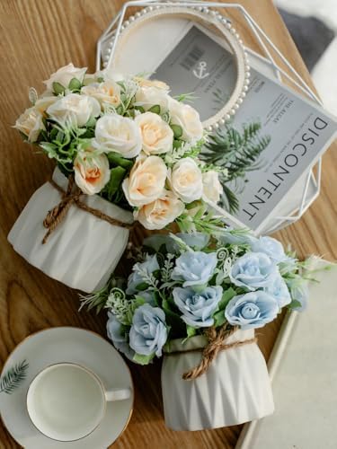 TKAS Fake Flowers Arrangement in Ceramic Vase, Artificial Faux Silk Roses, Small Realistic Dried-Style Floral, Dining Table Centerpiece for Wedding Party Home Decoration (Champagne White) - Image 5