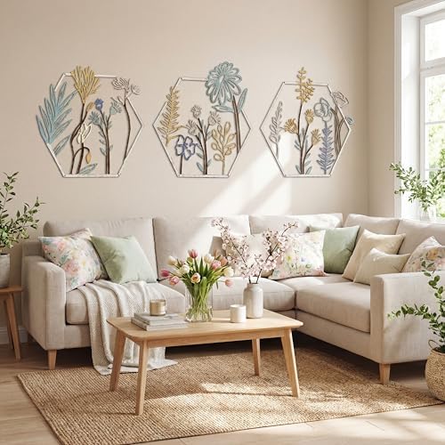 Peryiter 3Pcs Metal Flower Wall Decor Minimalist Floral Hanging, Beige Gold by Peryiter