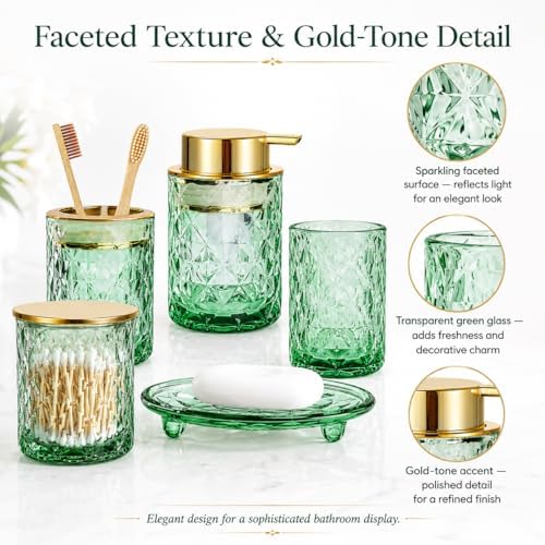 5 Piece Glass Bathroom Accessories Set, Green & Gold Vanity Countertop Set - Image 3