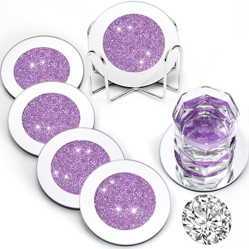 Jetec Mirrored Glass Coaster Set of 6 with 1 Holder 4" Crushed Diamond Round Cup Mat Glitter Crystal Rhinestone Glass Coaster Bling Table Decor for Bar Kitchen Gift for Christmas(Purple,4 Inch) by Jetec