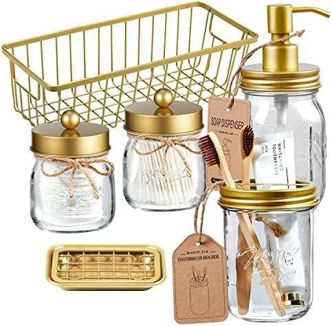 SheeChung Mason Jar Bathroom Accessories Set, 6Pcs Rustic Bathroom Set,Gold by SheeChung