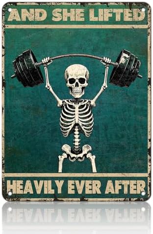 Skeleton Vintage And She Lifted Heavily Ever After Metal Tin Sign 12x16 Inch Gym Metal Poster Funny Skull Gym Tin Sign Home Kitchen Garden Bar Coffee Restaurant Bathroom Are Wall Decor by KIYOYOHomeIsOurHappyPlace