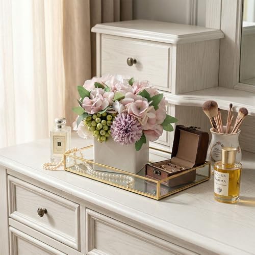 TKAS Fake Flowers Arrangement in Ceramic Vase, Artificial Faux Silk Hydrangea & Green Berries, Small Realistic Dried-Style Floral Centerpiece for Dining Table, Wedding Party Home Decoration (Purple) - Image 5