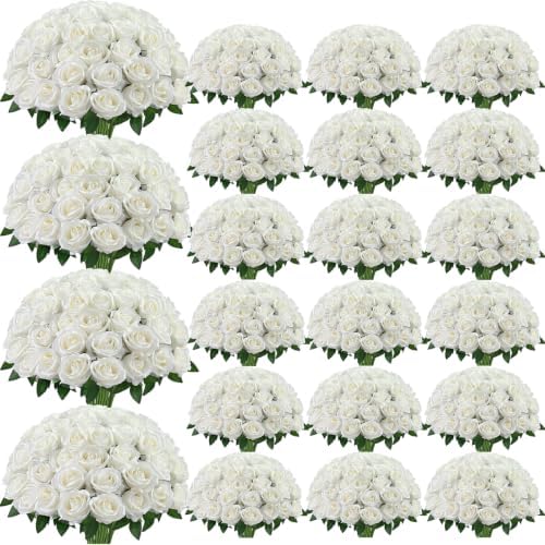 300Pcs White Roses Artificial Flowers, Realistic Silk Fake Roses Bouquet by Yastouay