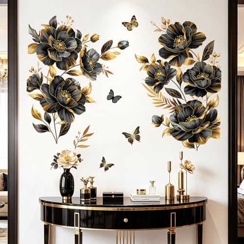 decalmile Black Gold Flower Peony Floral Leaves Sofa Wall Decals Stickers - Image 3
