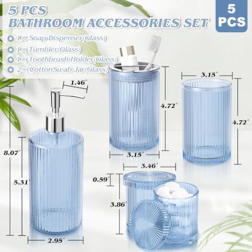 Blue Glass Bathroom Accessories Set 5 Piece, Vintage Ribbed Soap Dispenser, Toothbrush Holder, Tumbler, Qtip Jars, Cute Aesthetic Vanity Organizer for Home, Restroom Countertop Decor - Image 2