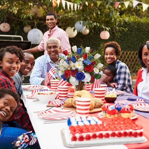 4PCS Patriotic Artificial Flowers Mixed Bush Red White Blue Rose Tulip Flowers Memorial Day Flower Bouquet for 4th of July Independence Day Grave Home Table Decoration - Image 5