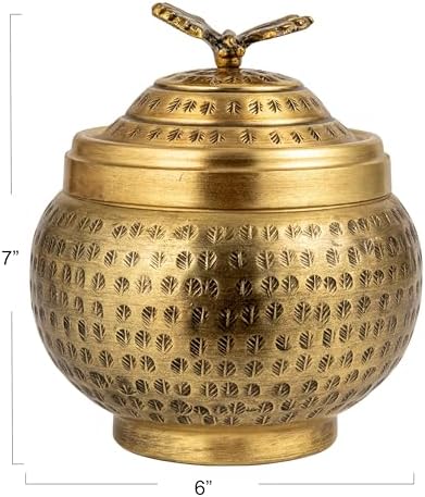 Creative Co-Op Round Hammered Metal Container with Butterfly Finial, Brass Finish - Image 2