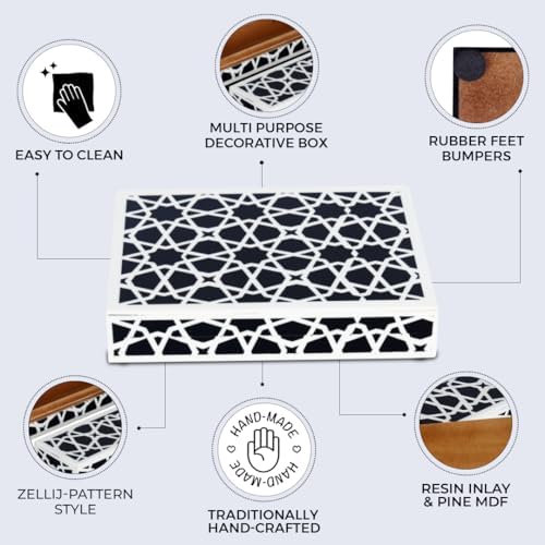 Handicrafts Home Decorative Storage Box with Lid, Black and White Moroccan Zellij Decorative Remote Control Box, Slim Coffee Table Storage Box for Shelf, Desk & Living Room Decor, Zellij 8 x 6 x 1.5 - Image 3