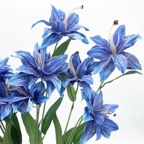 Artifical Lily Flowers Fake Stargazer Lilies Flower Bundles 4 Pack, Faux Silk Lily Floral Stems for Indoor Outdoor Home Garden Decor Office Party Wedding Arrangement Bouquets DIY Decoration - Blue - Image 7