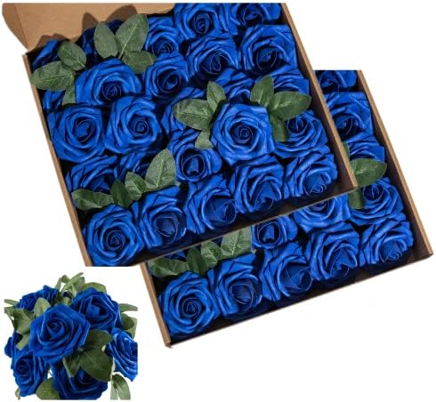 Royal Blue Rose 50pcs Foam Rose Real Looking Fake Rose with Stems Leaves for Home Decoration Party Garden Centerpieces DIY Wedding Bouquets（Royal Blue） by Lansdowns